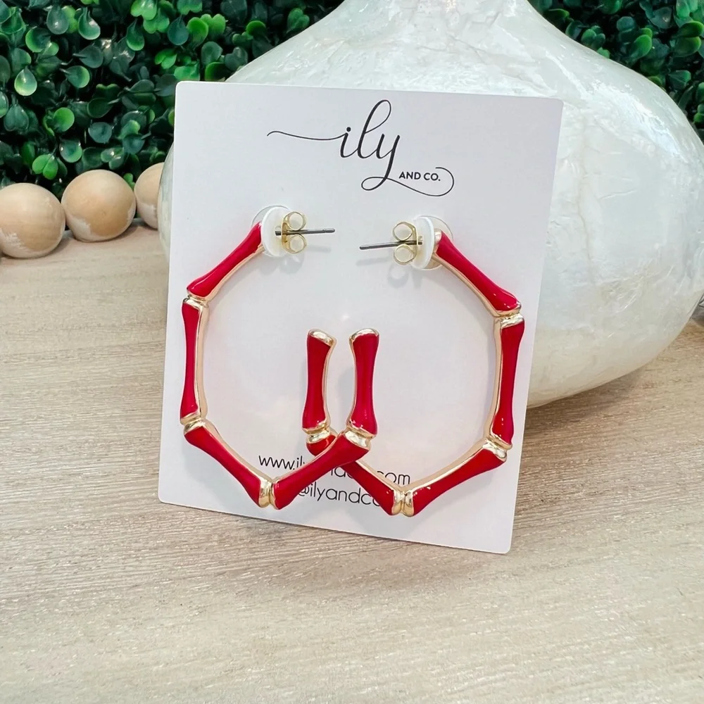 New Red Enamel Bamboo Hoop Earrings | Grandmillennial | Gold Tone | Lightweight
